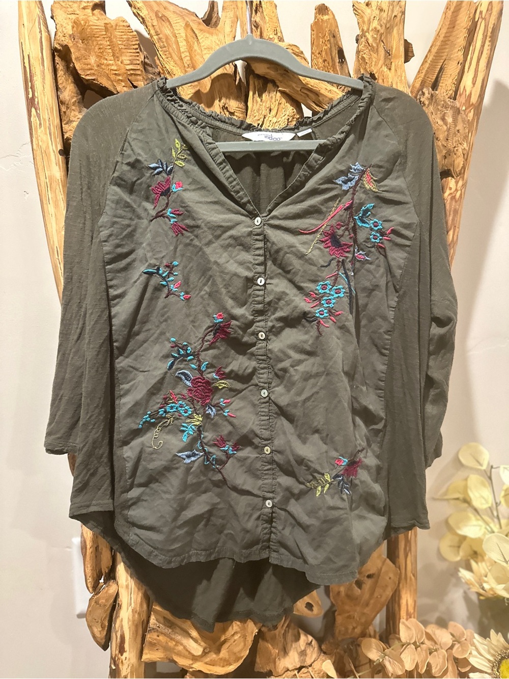 Great Northwest Clothing Company Olive Green Embroidered Button-Down Top